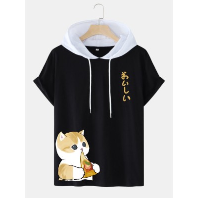 Mens Pizza Cat Japanese Print Short Sleeve Hooded T  Shirts