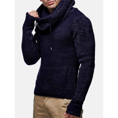 Mens Knit Cut Out Cuff Warm Casual Drawstring Pullover Sweaters