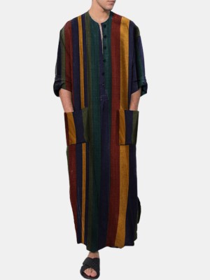 Mens Vintage Multi  Color Striped Print Button Up Home Casual Long Sleeve Robes With Pockets