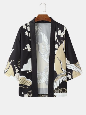 Mens Crane   Floral Graphic Front Open Luxury Kimonos