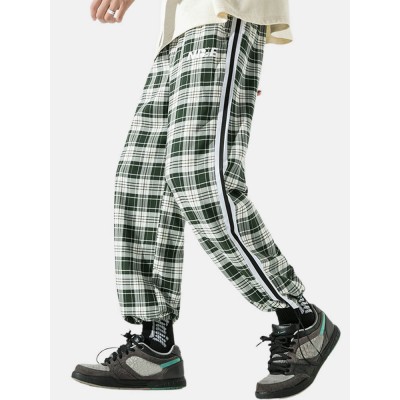 Men Plaid Drawstring Side Ribbon Preppy Pockets Pants