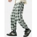 Men Plaid Drawstring Side Ribbon Preppy Pockets Pants