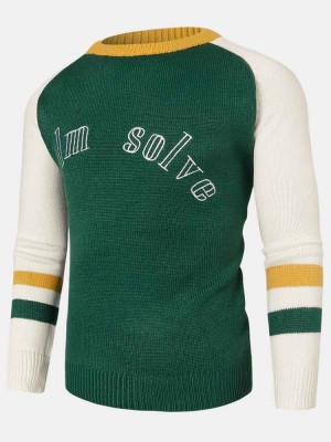 Mens Color Block Letter Embroidery Crew Neck Knitted Pullover Sweaters