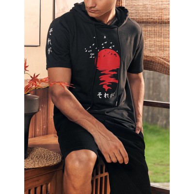 Mens Red Sun Japanese Print Short Sleeve Drawstring Hooded T  Shirts