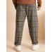 Men Glen Plaid Drawstring Waist Pockets Straight Casual Pants