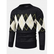 Men Knitted Lattice Long Sleeve Casual Round Neck Loose Sweaters