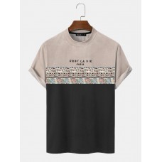 Mens Letter Geometric Pattern Patchwork Texture Short Sleeve T  Shirts