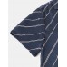 Mens Navy Stripe Pajama Set Revere Collar Two Pieces Faux Silk Home Sleepwear