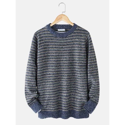 Mens Stripe Round Neck Warm Vintage Knitted Sweaters