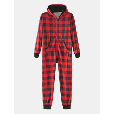 Mens Classical Plaid Print Front Pocket Long Sleeve Zipper Hooded Jumpsuit Home One  Piece Pajamas