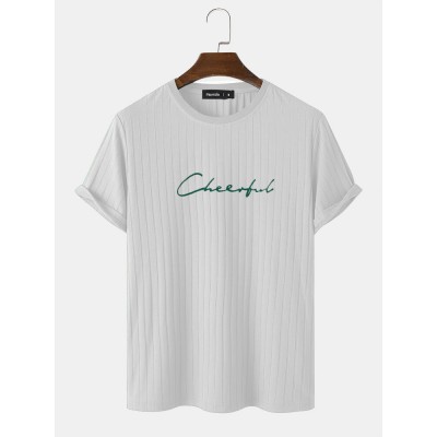 Mens Letter Embroidery Crew Neck Ribbed Short Sleeve T  Shirts