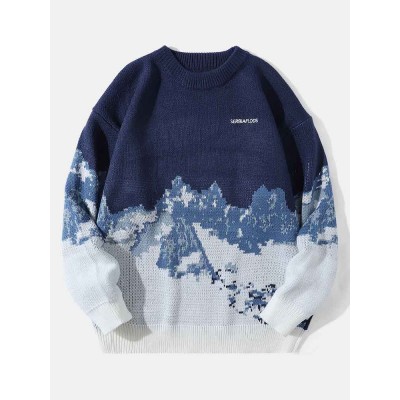 Men Knitted Landscape Mountain Snow Pullover Loose Casual Sweaters