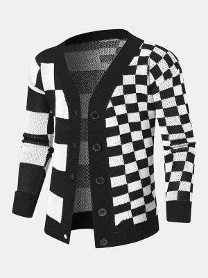 Men Checkerboard Patchwork Color Block Knitted Lattice Casual Cardigans