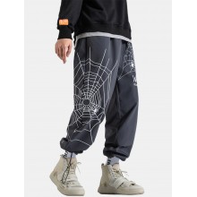 Mens Spider Web Letter Print Cotton Drawstring Cuff Pants