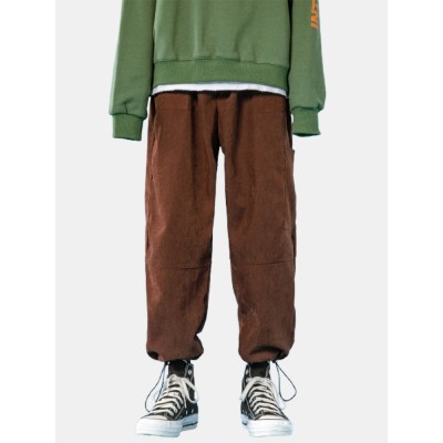 Mens Solid Color Multi Pocket Mid Waist Drawstring Cargo Pants