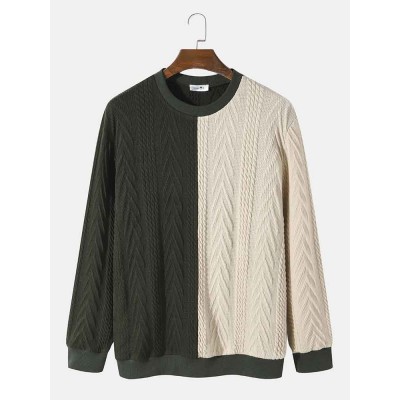 Men Patchwork Rib Knit Contrast Color Round Neck Pullover Sweaters