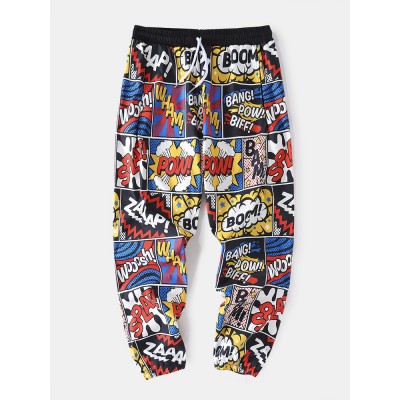 Mens Cartoon Letter Print Elastic Waist Pant