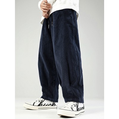 Mens Corduroy Drawstring Casual Wide Leg Pants With Pocket