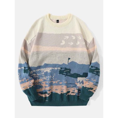 Men 100  Cotton Landscape Drop Shoulder Pullover Knitted Sweaters