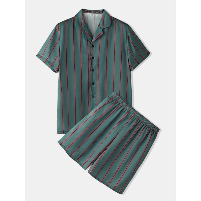 Mens Striped Revere Collar Short Sleeve Home Casual Faux Silk Pajama Set