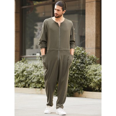 Men Loose Long Sleeve Onsie Solid Color Trousers