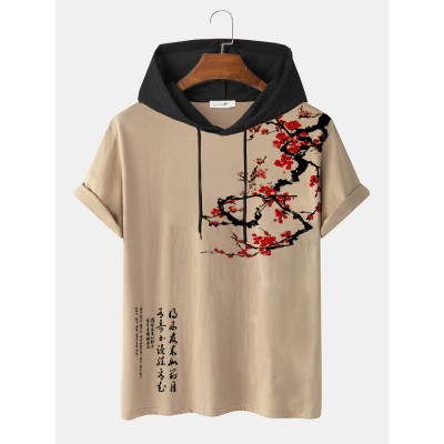 Mens Plum Bossom Character Print Contrast Short Sleeve Hooded T  Shirts