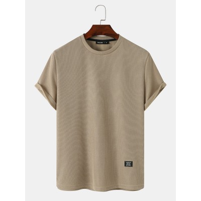 Mens Solid Color Applique Crew Neck Knitted Short Sleeve T  Shirts